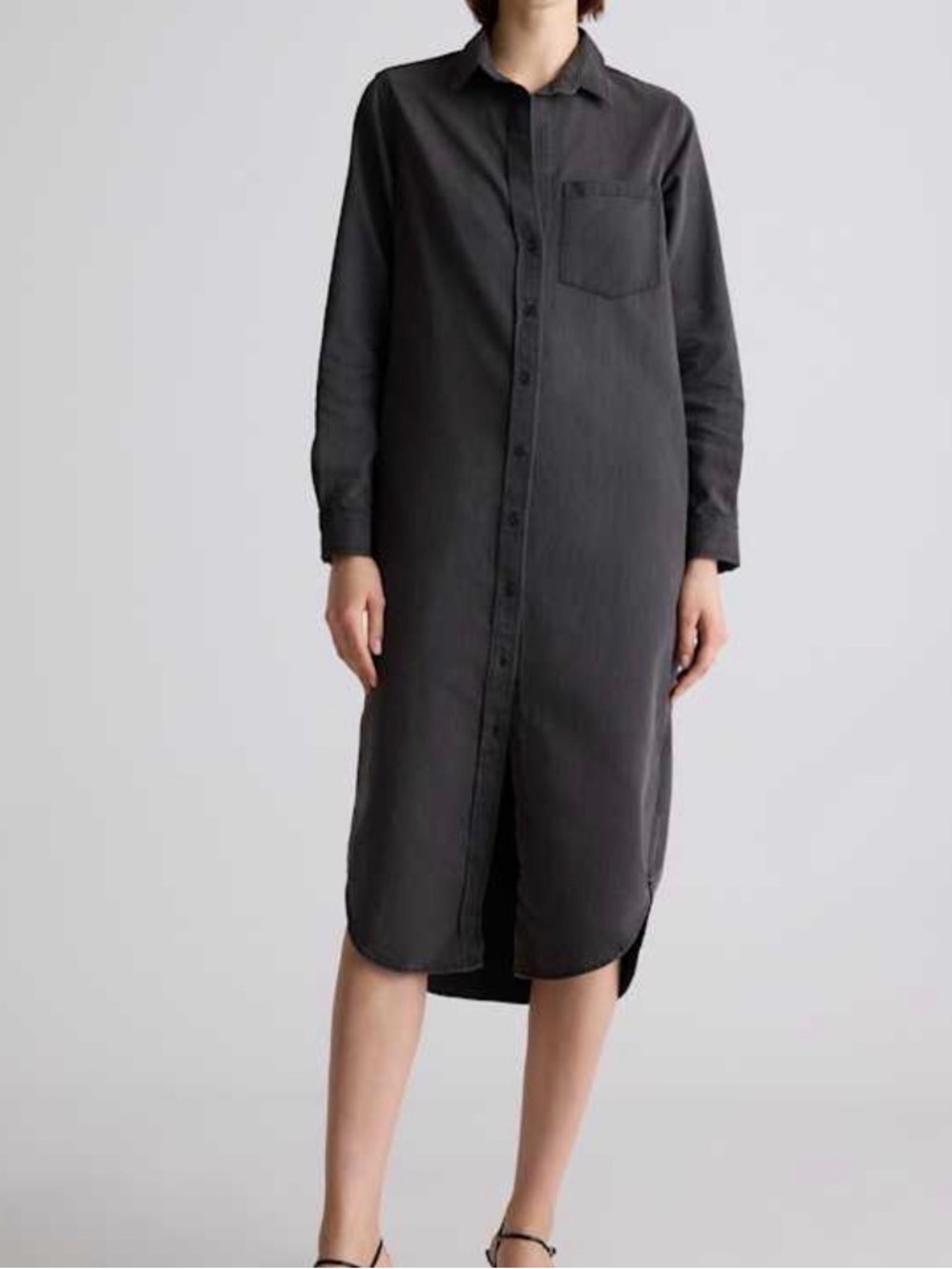 Quince Button-Front Midi Shirt Dress - Charcoal %100 Line